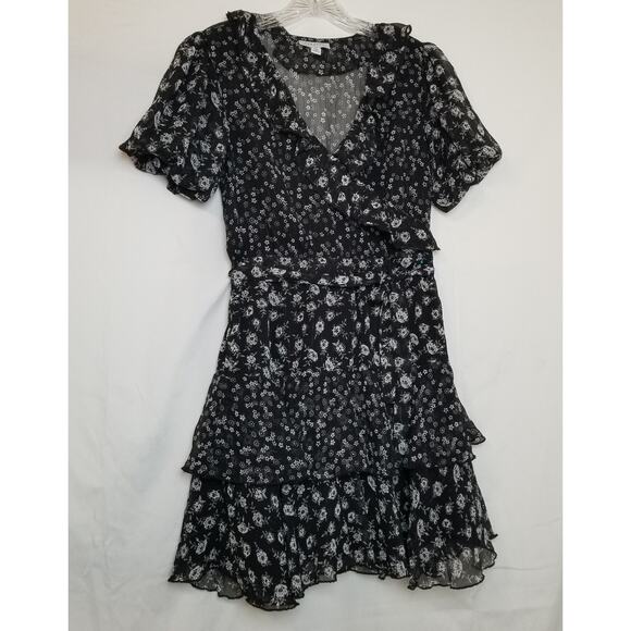 TopShop Chiffon Black & Gray Floral Print Ruffle Tiered Mini Dress Size 6 - Picture 1 of 8